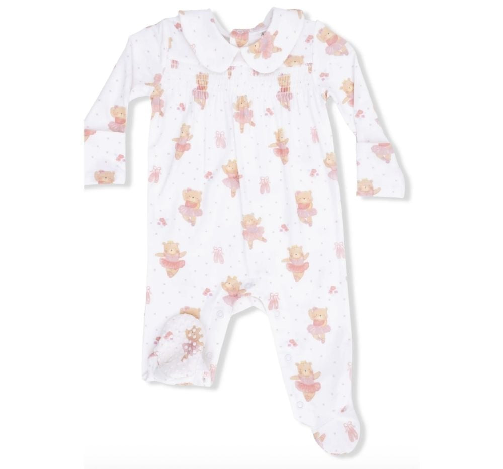 Teddy Bear Ballerina Smocked Peter Pan Snap Footie
