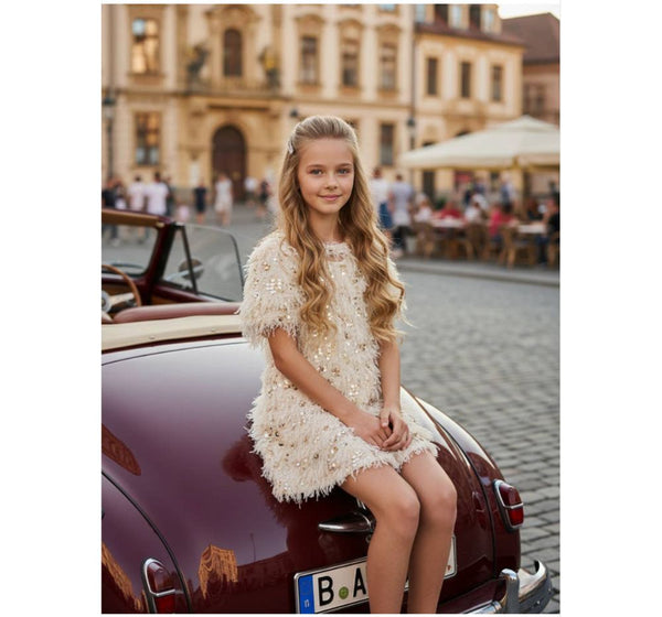 Feux Feather Sequin Dress W/Chest Keyhole Ivory