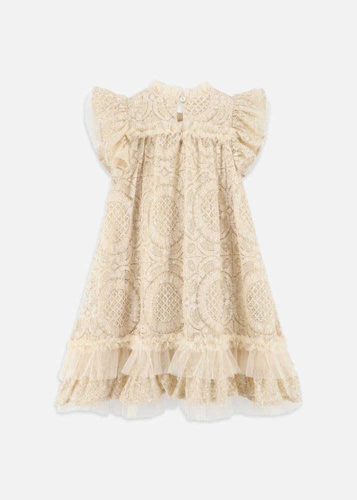 Christina S/s Dipped Hem Sequin Lace Dress Biscuit
