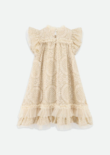 Christina S/s Dipped Hem Sequin Lace Dress Biscuit