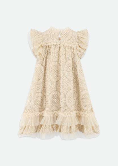 Christina S/s Dipped Hem Sequin Lace Dress Biscuit