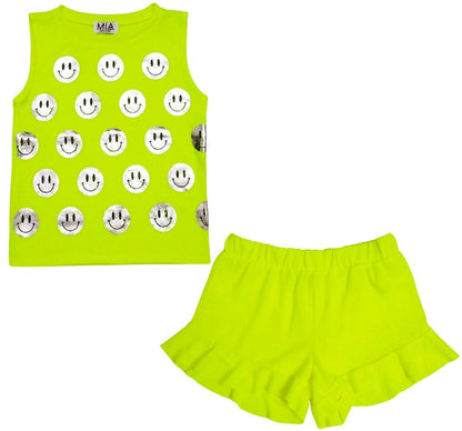 Blusa Estampada Smile Y Shorts Ruffle Amarillo Neon