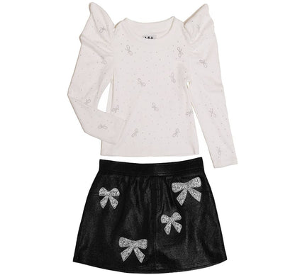 Blusa Manga Abullonada Y Skort Negro Detalles Moño