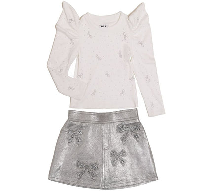 Blusa Manga Abullonada Y Skort Plateado Detalles Moño