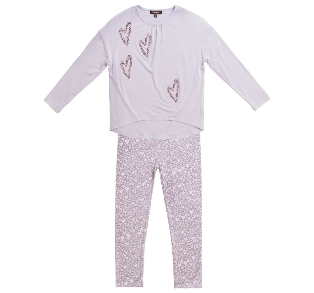 Blusa Manga Larga Lavanda Con Leggins Estampado Corazones