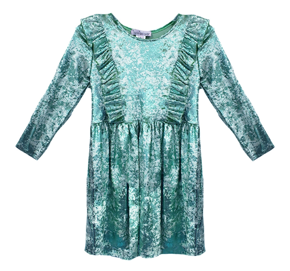 Vestido de terciopelo menta de manga larga con volantes -Halabaloo