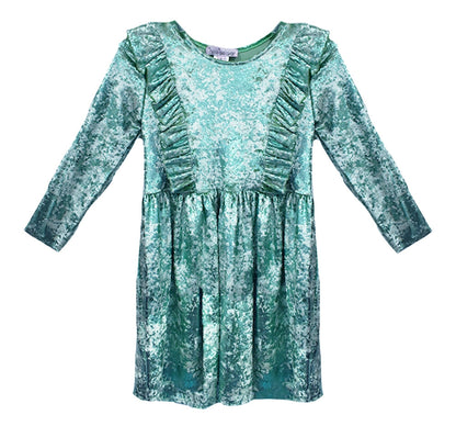 Vestido de terciopelo menta de manga larga con volantes -Halabaloo