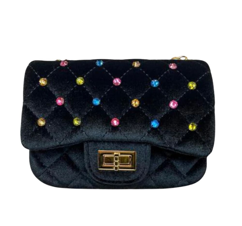 Colorful Studs Velvet Quilted Purse Black