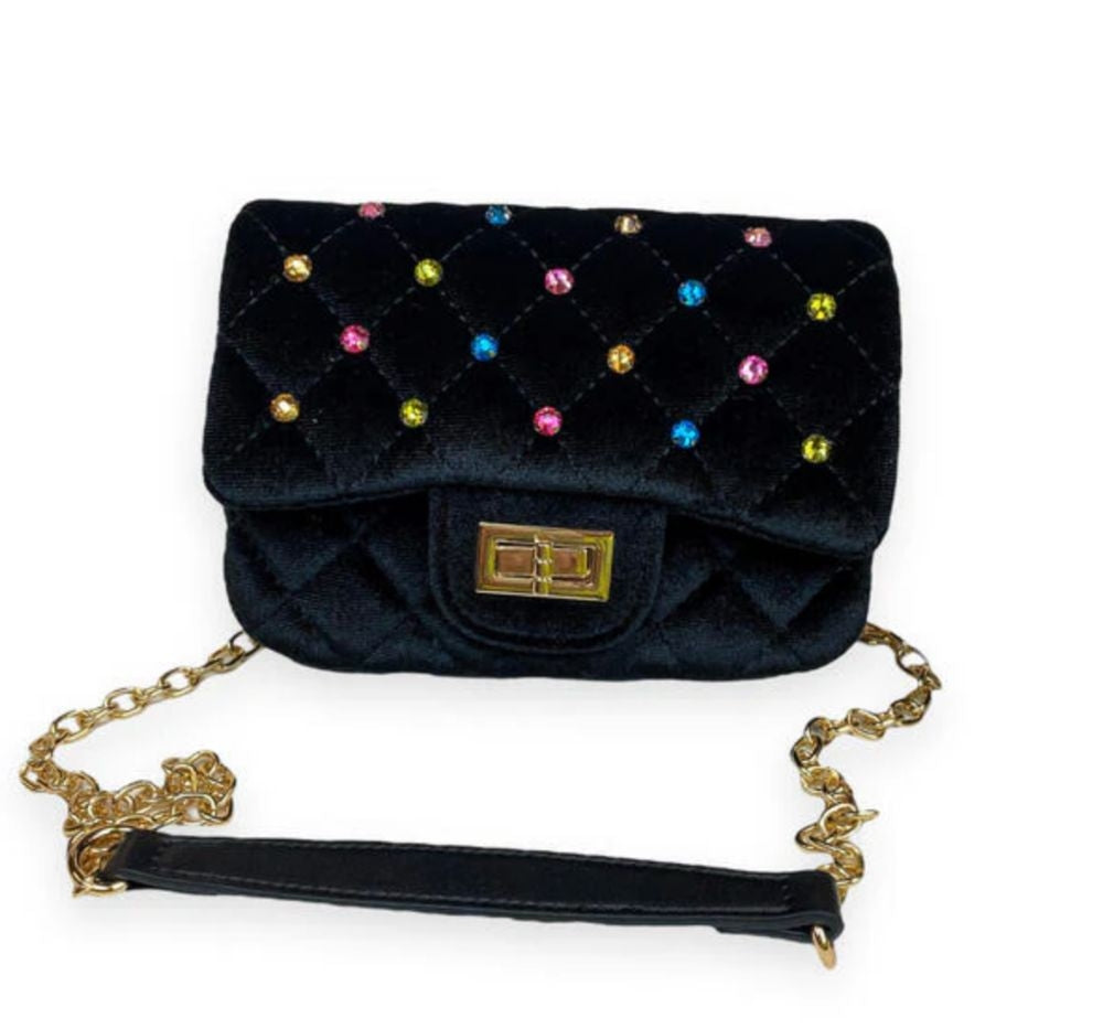 Colorful Studs Velvet Quilted Purse Black
