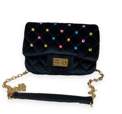 Colorful Studs Velvet Quilted Purse Black