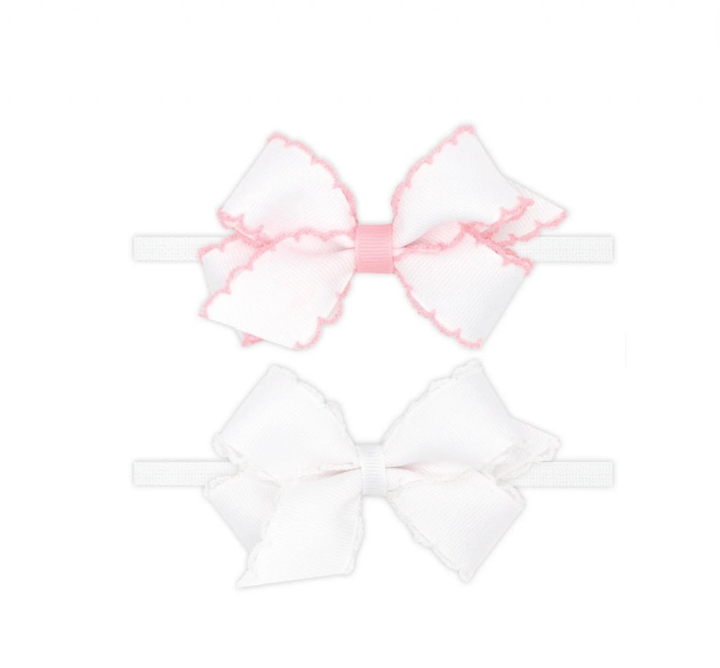 2Pk Moonstitch Bows W/Nyl Band White Light Pink/White