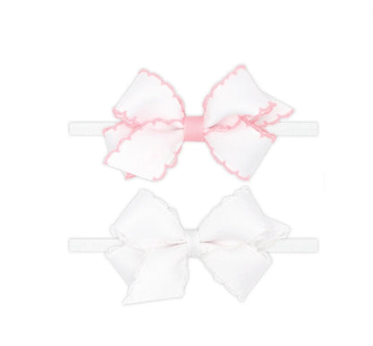 2Pk Moonstitch Bows W/Nyl Band White Light Pink/White