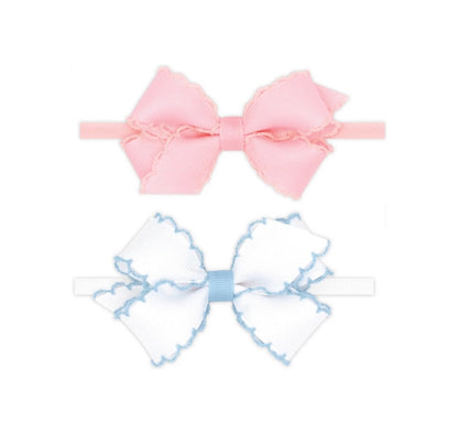 2Pk Moonstitch Bows W/Nyl Band White Millennium Blue/ Light Pink