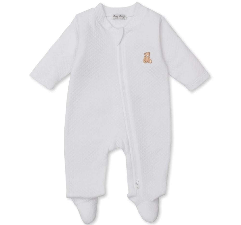 Jacquard Footie W/Zip Teddy Bear Time White