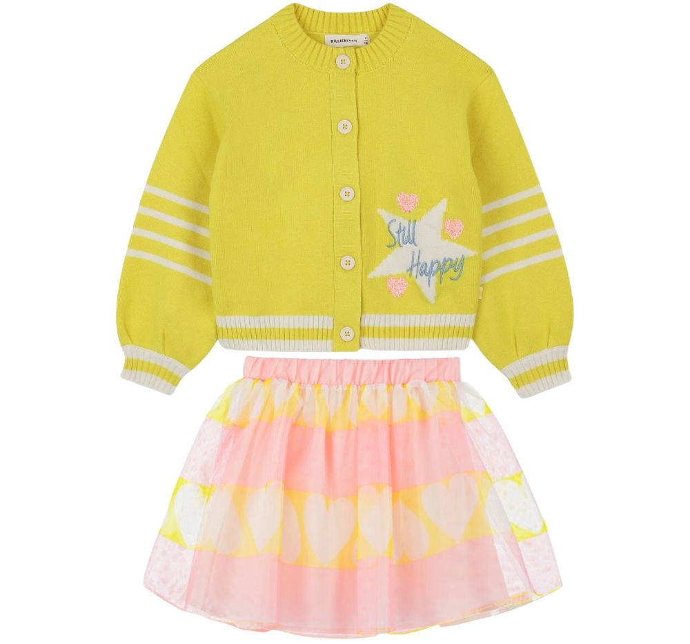 Girls Happy Knitted Cardigan Sun & Girls Printed Mesh Skirt Peach