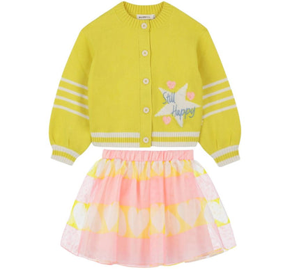 Girls Happy Knitted Cardigan Sun & Girls Printed Mesh Skirt Peach