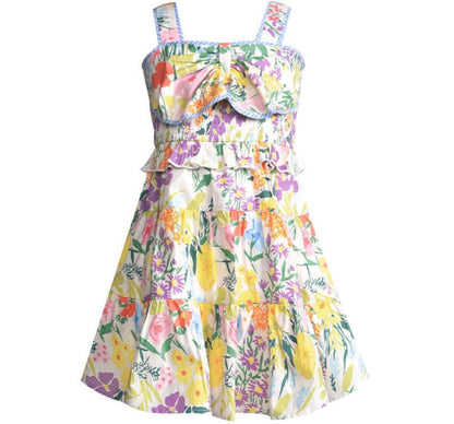 Floral Print Dress W/Front Bow Detail Ivory Multi