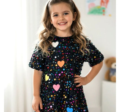 Sequin Tiered Dress W/ Heart Patch Detail