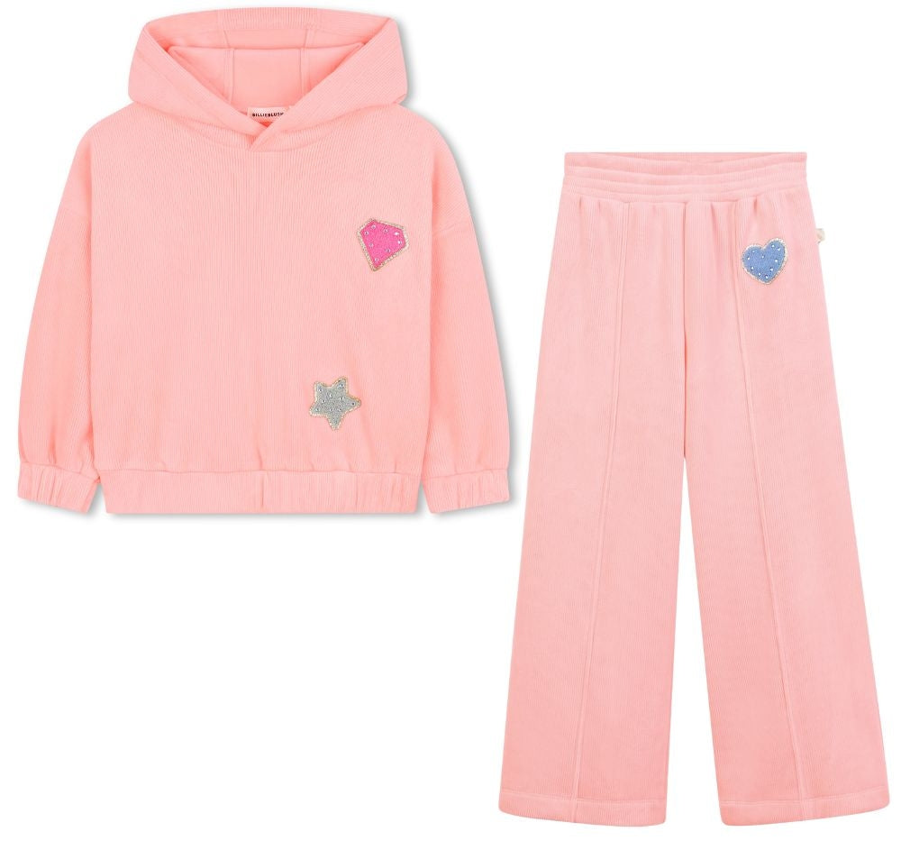 Girls Corduroy Hooded Sweatshirt & Velour Jogging Pants Peach