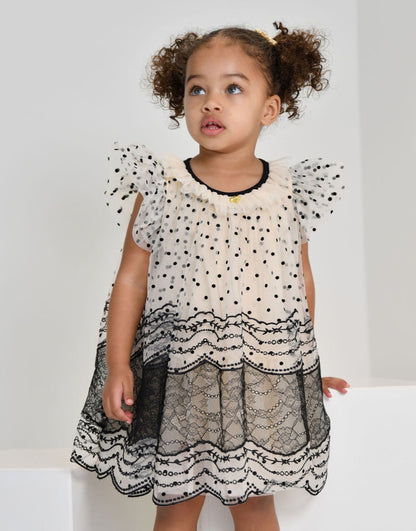 Ivy Spot And Lace Baby Dress Biscuit/Black