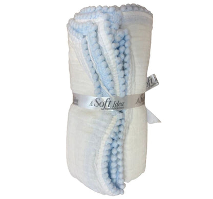 Swaddle Baby Blanket With Pompom Edge White/Blue