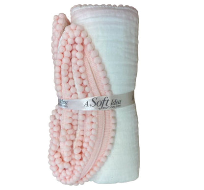 Swaddle Baby Blanket With Pompom Edge White/Pink