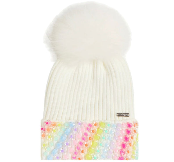 Charm Cuff Hat With Fur Pom Ivory