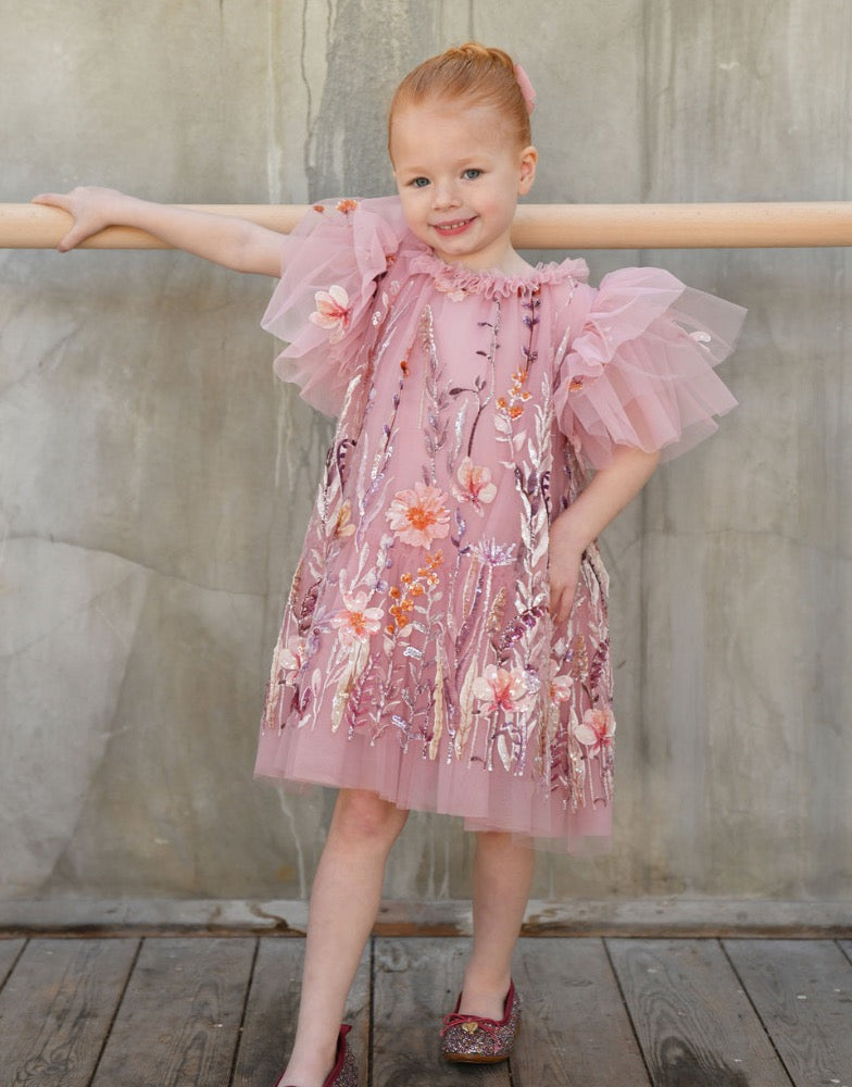 Heather Embroider Border Dress Vintage Rose