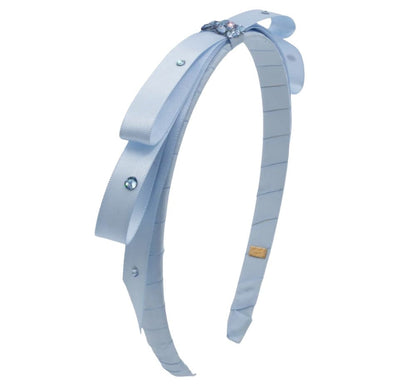 Crystallized Thin Satin Wrap Bow Thin Headband Blue