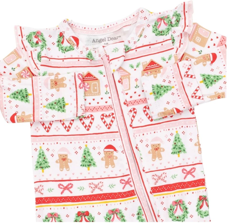 Gingerbread Fair Isle Pink 2 Way Ruffle Sleeve Zipper Footie