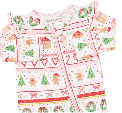Gingerbread Fair Isle Pink 2 Way Ruffle Sleeve Zipper Footie