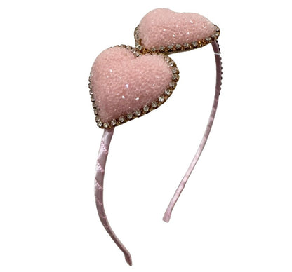 2 Glitter Heart On Thin Headband With Stones Pink