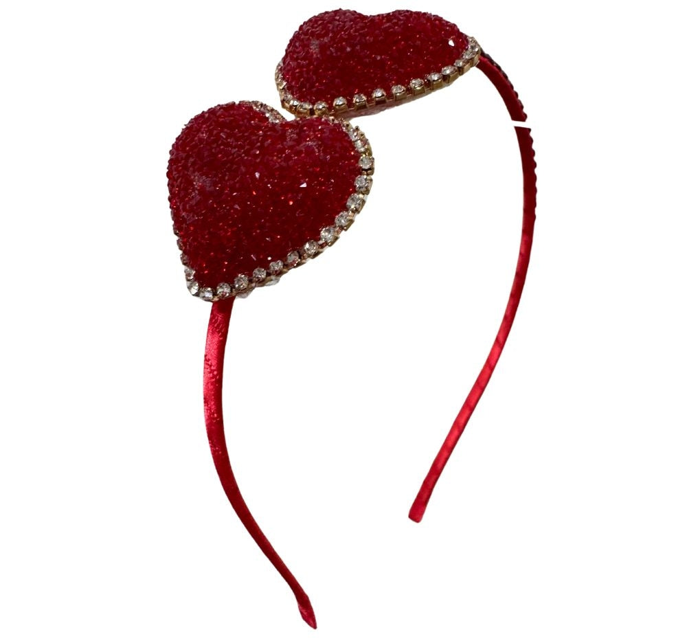 2 Glitter Heart On Thin Headband With Stones Red