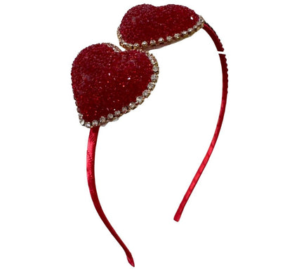 2 Glitter Heart On Thin Headband With Stones Red