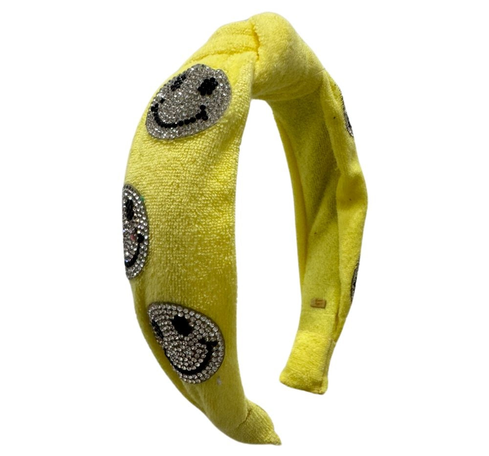 Crystal Smiley On Terry Knot Headband Yellow