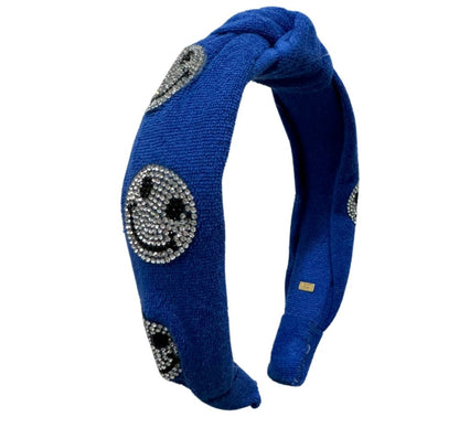 Crystal Smiley On Terry Knot Headband Blue