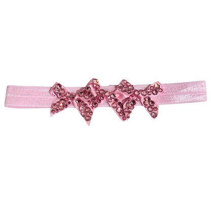 3 Fully Crystallized Small Satin Bow On Baby Elastic Ligh Pink