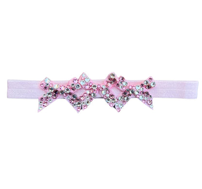 3 Fully Crystallized Small Satin Bow On Baby Elastic Light Pink/Clear