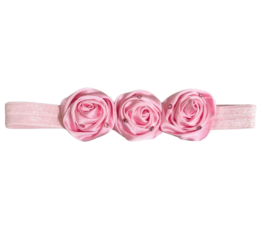 Crystallized Satin Rose Elastic Headband Pink
