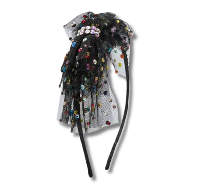Jeweled Crystal Bow On Thin Headband Black-Multi Neon