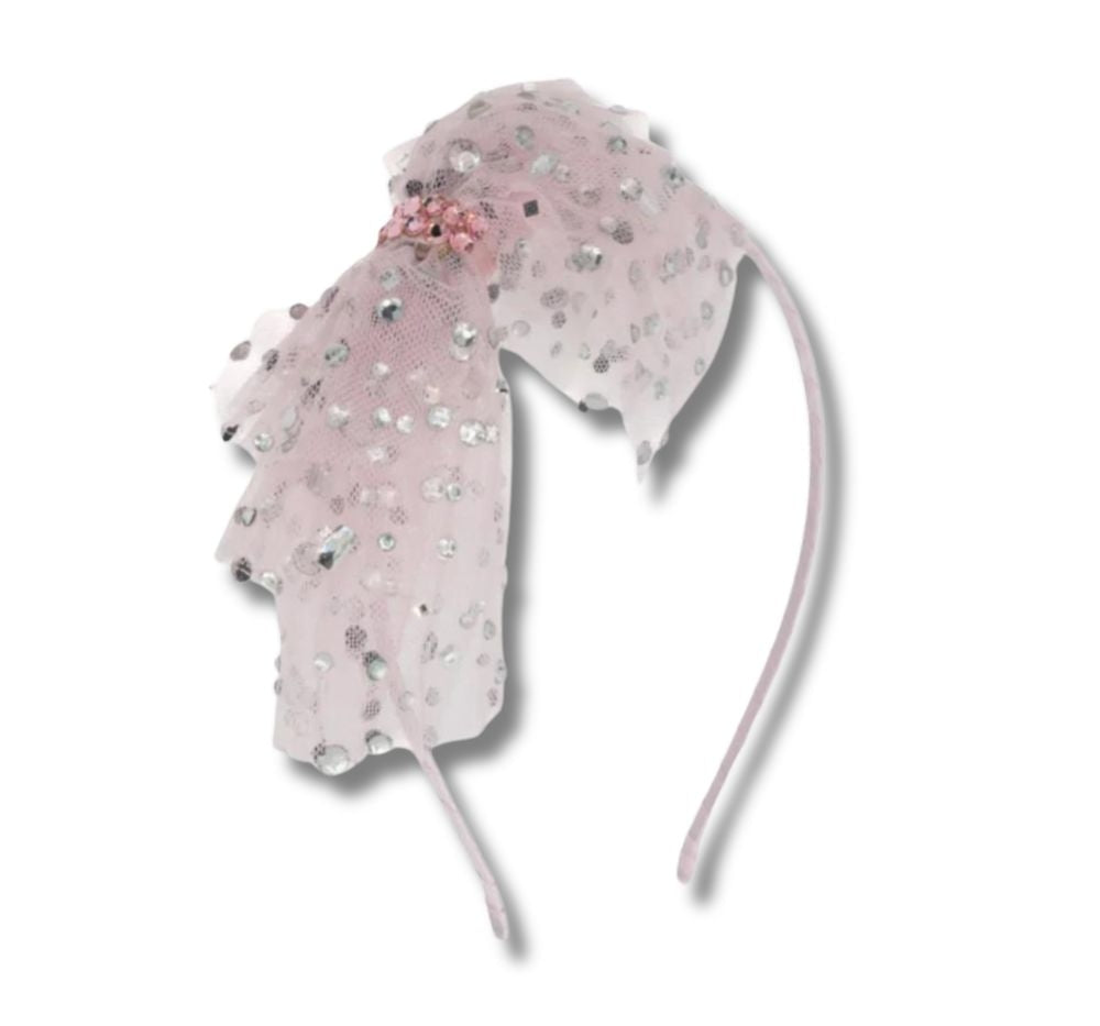Jeweled Crystal Bow On Thin Headband Pink