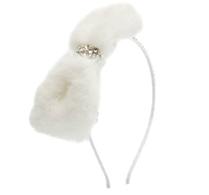 Crystallized Faux Fur Bow Headband White