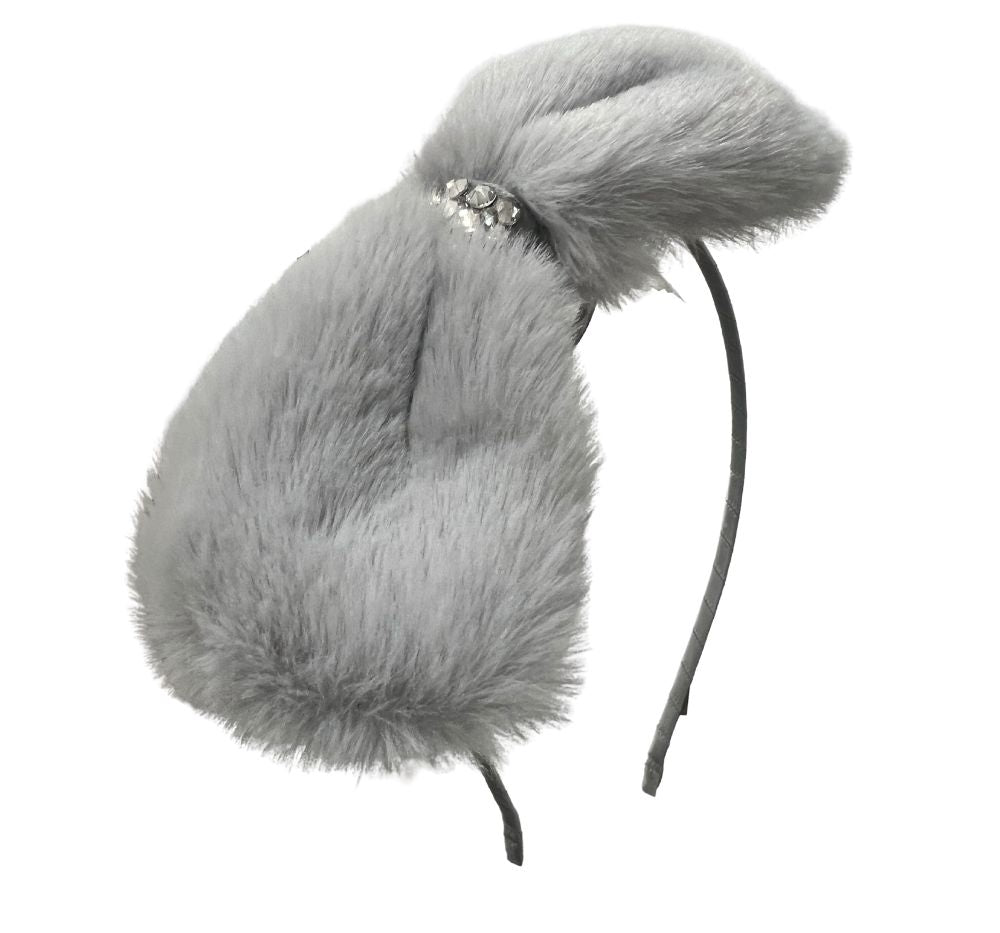 Crystallized Faux Fur Bow Headband Grey