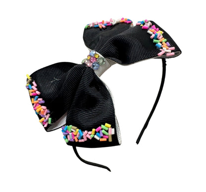Crystallized Grosgrain Bow Sprinkle Thin Headband Black