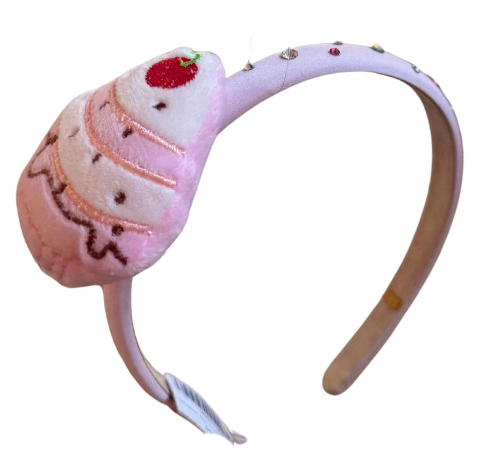 Plush Crystallized Thin Headband Light Pink W/Cupcake