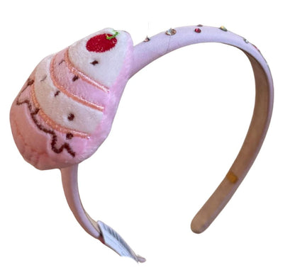 Plush Crystallized Thin Headband Light Pink W/Cupcake