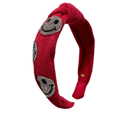 Crystal Smiley On Terry Knot Headband Red