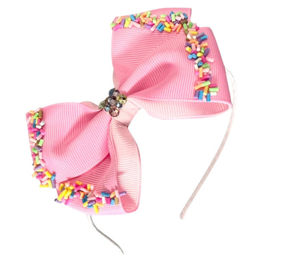 Crystallized Grosgrain Bow Sprinkle Thin Headband Pink