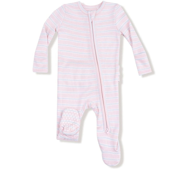 Multi Stripe Pink 2 Way Zipper Ruffle Back Footie