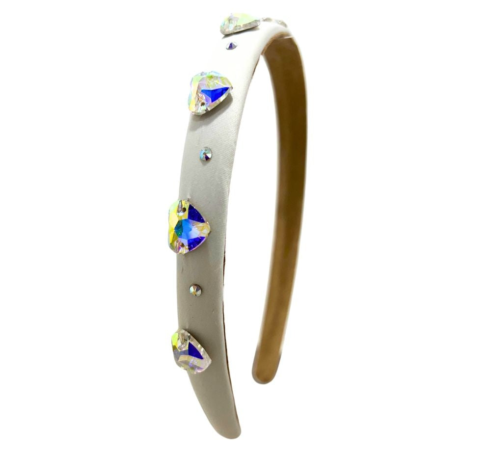 Thin Satin Heart Jeweled Headband White
